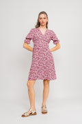 Koko Dress Short Open Back Short Sleeves - Lilac Bordeaux Big Flower