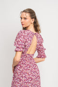 Koko Dress Short Open Back Short Sleeves - Lilac Bordeaux Big Flower