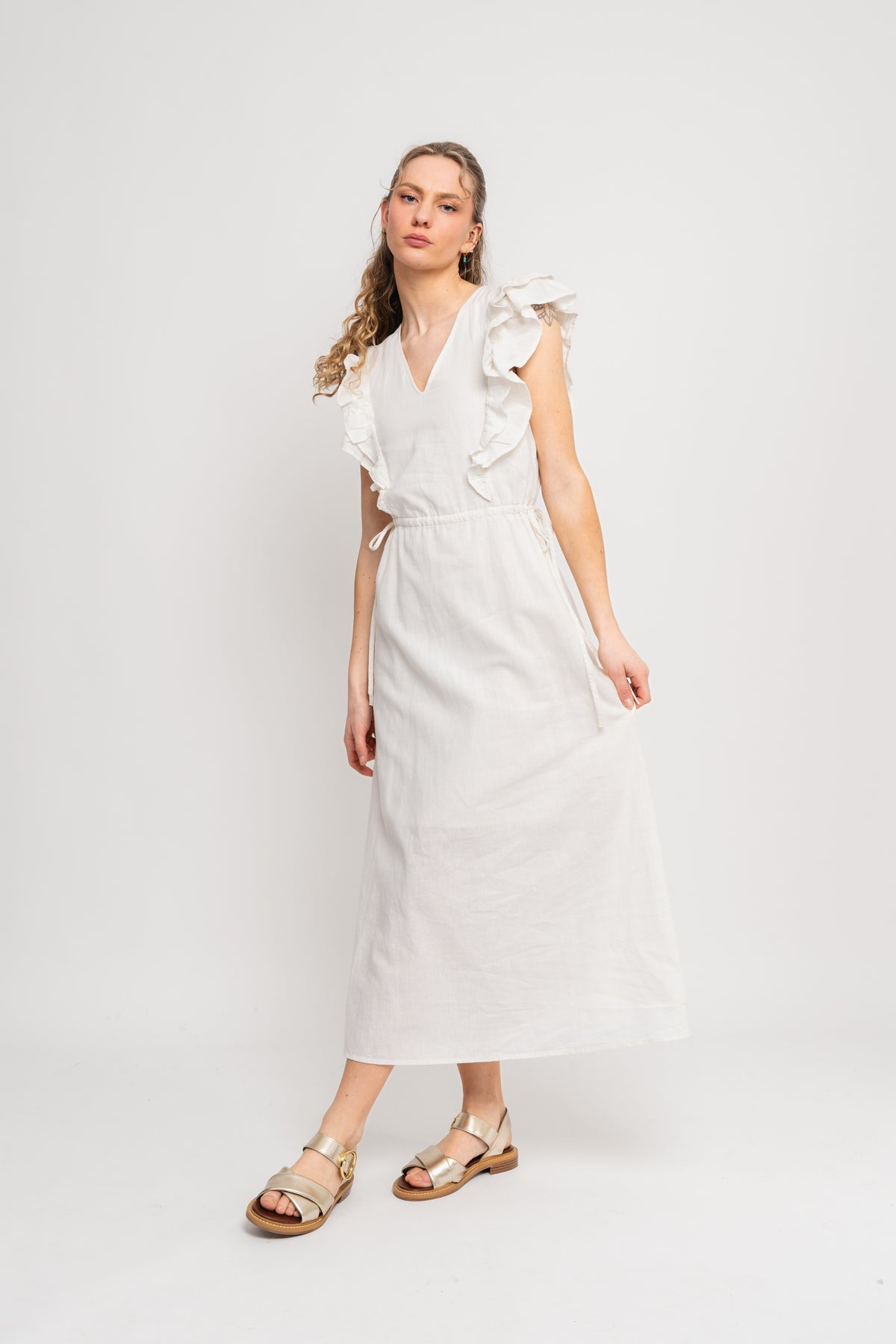 Hillie Ss Ankle Linen Dress B - Snow White