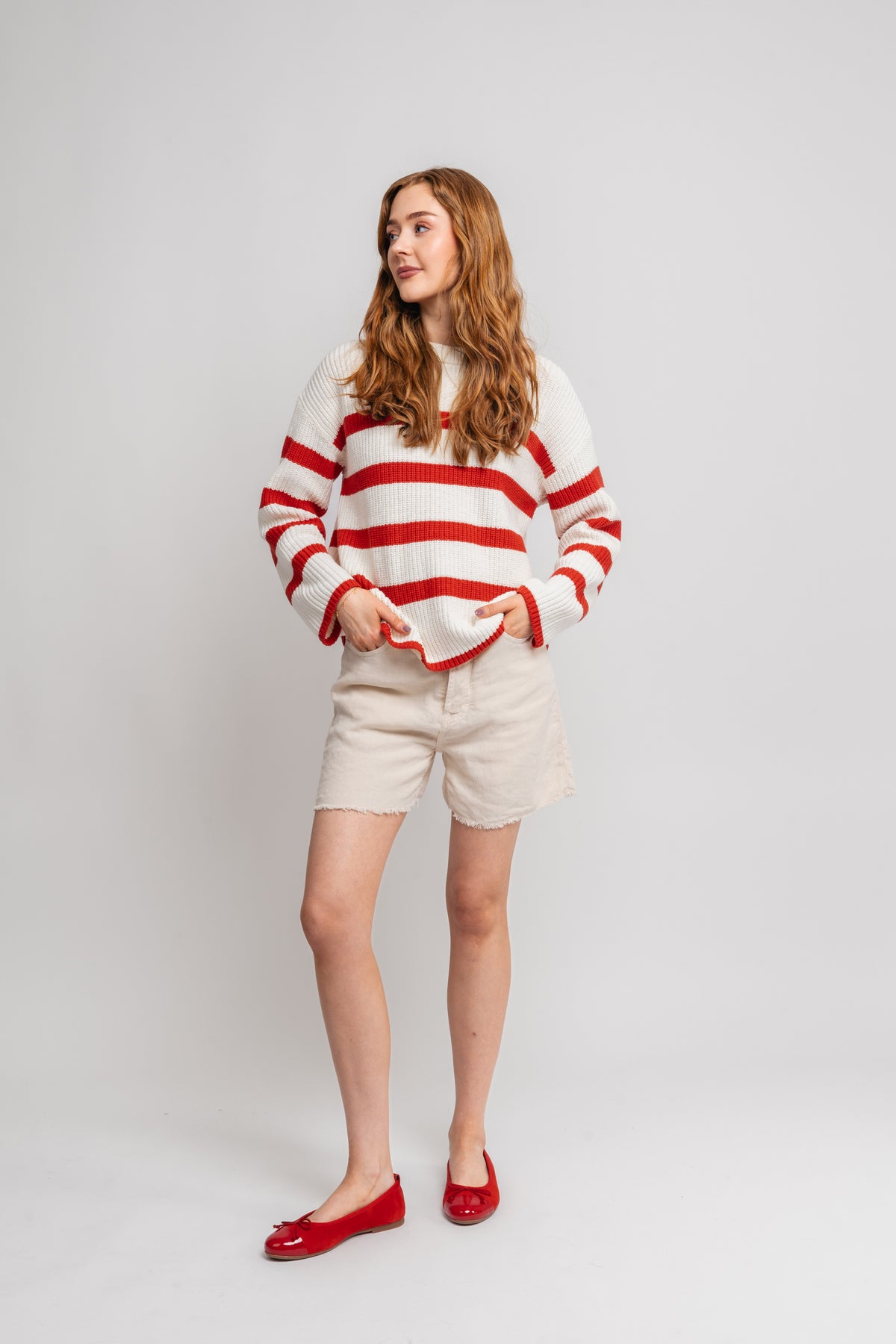 Bloomie Ls Knit O-Neck - Snow White/Flame Scarlet