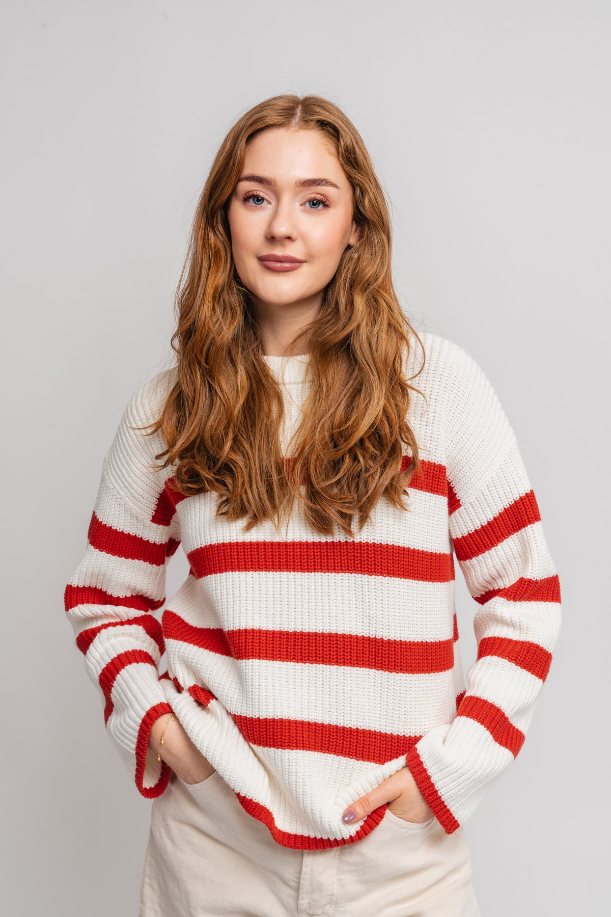 Bloomie Ls Knit O-Neck - Snow White/Flame Scarlet