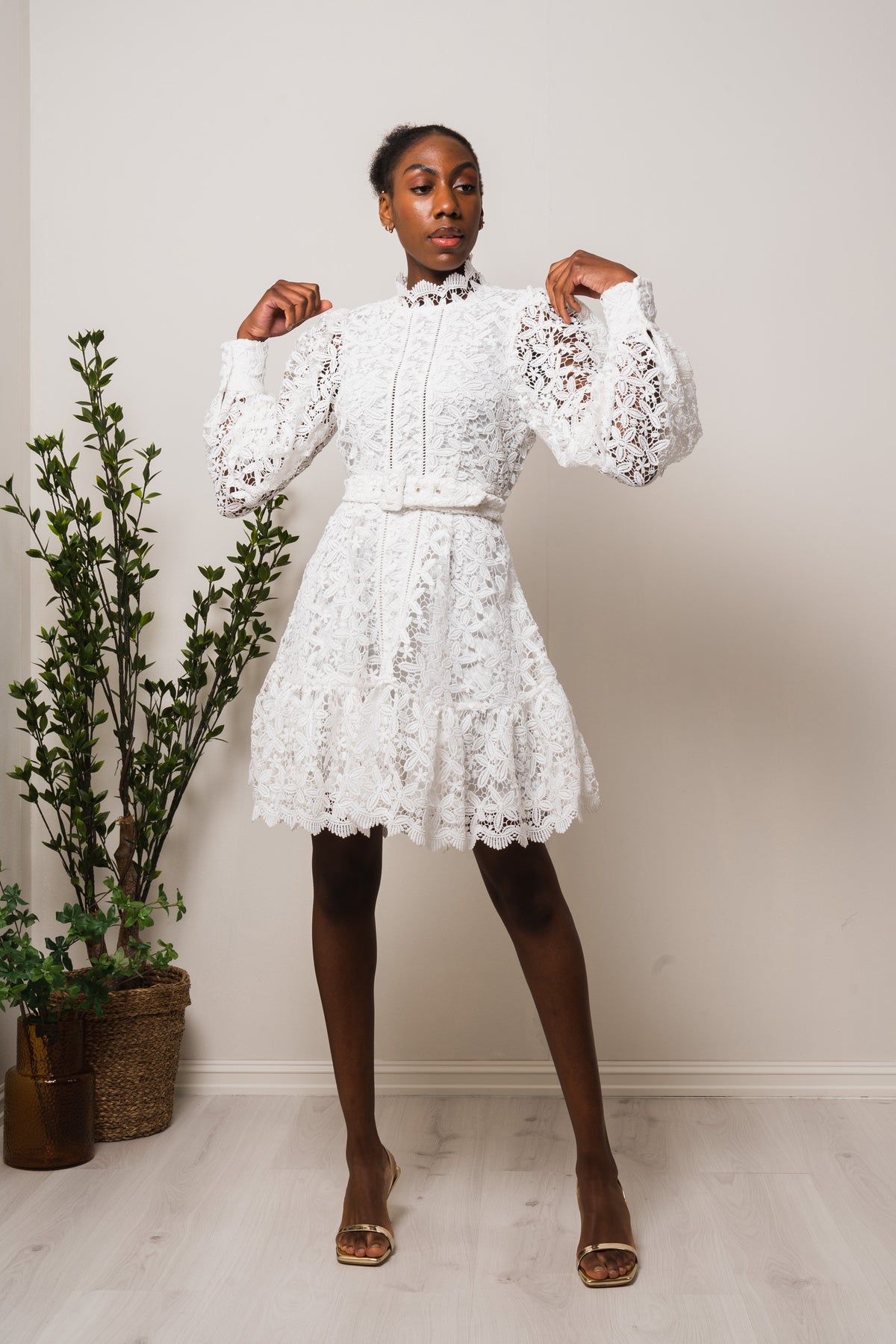 Silja LS Embroidery Short Dress Solid - Snow White