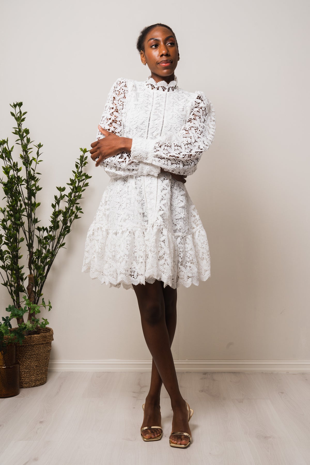 Silja LS Embroidery Short Dress Solid - Snow White