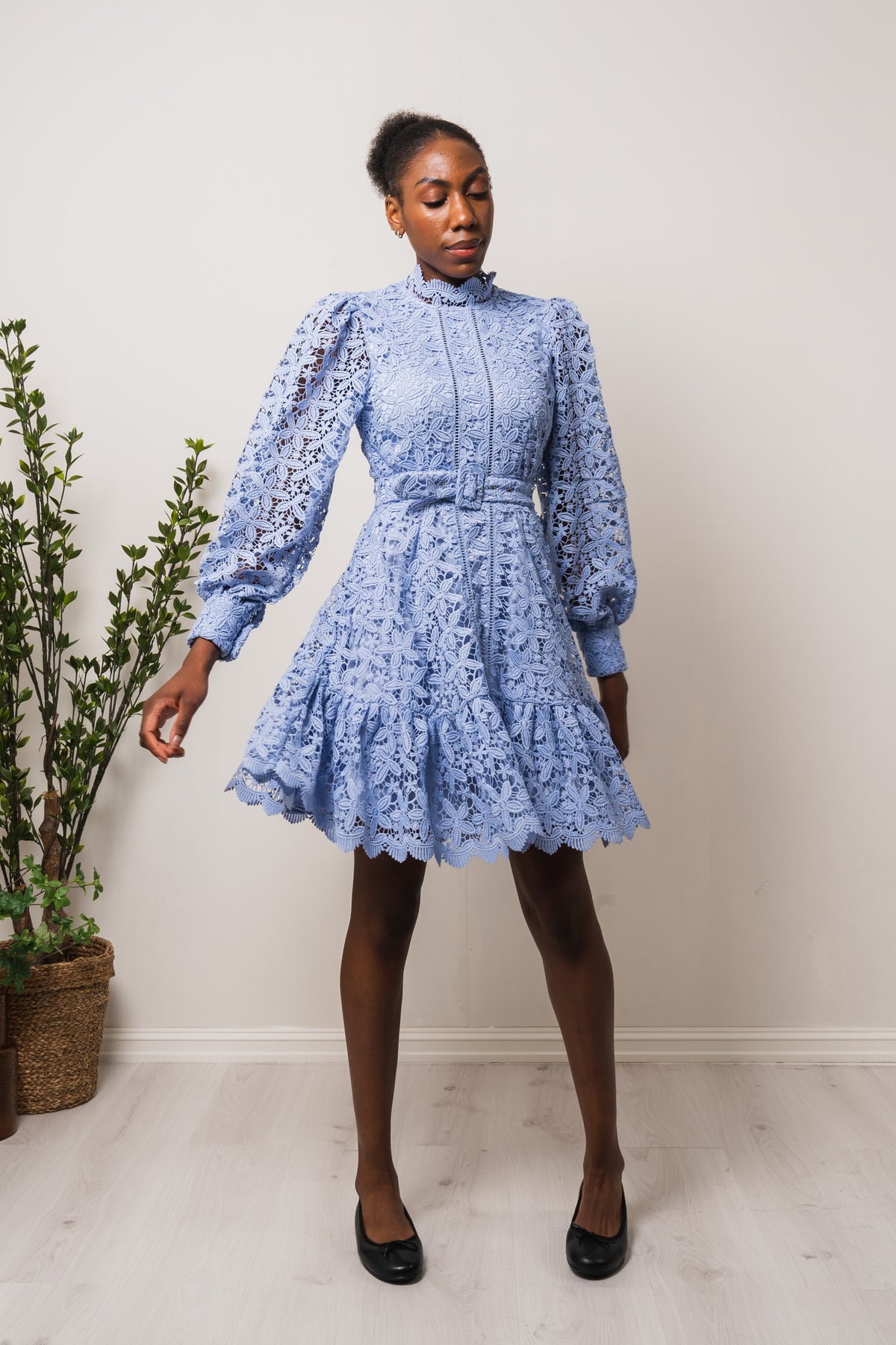 Silja LS Embroidery Short Dress Solid - Blue Heron