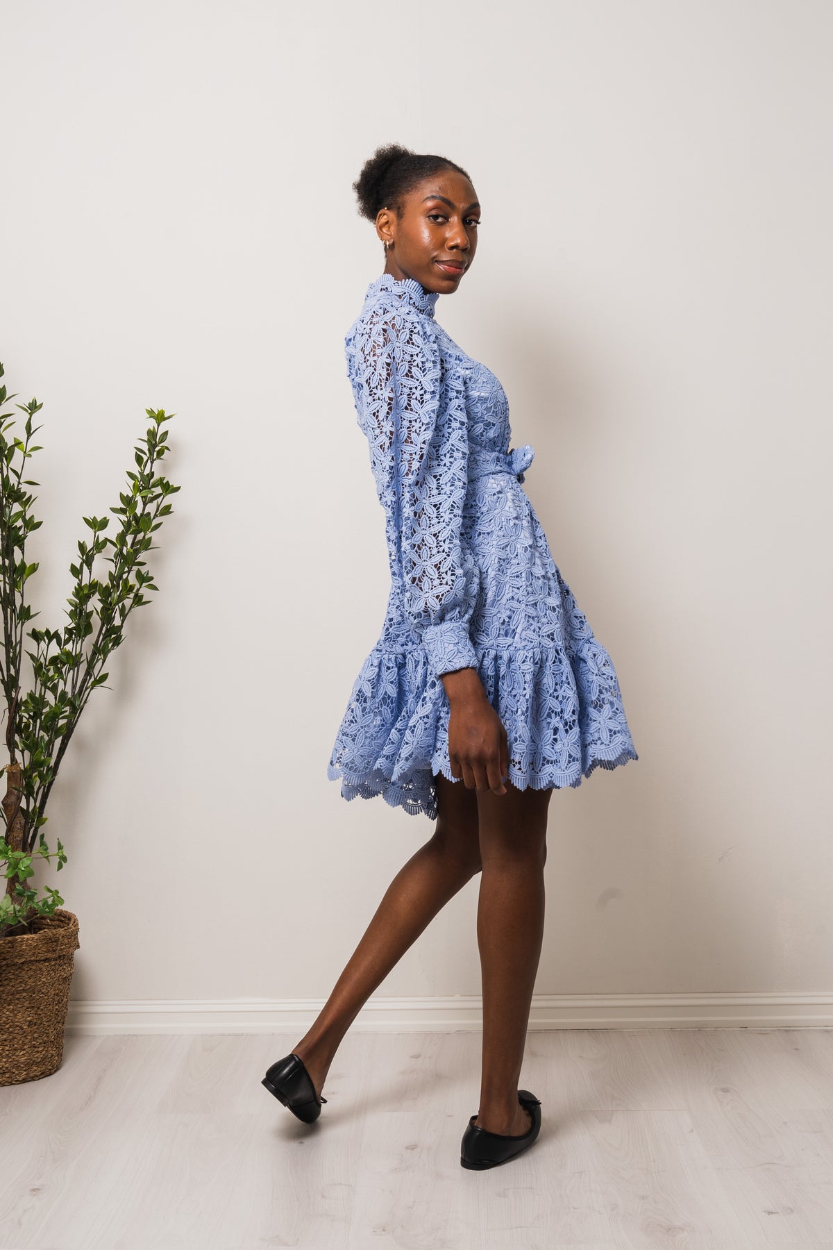 Silja LS Embroidery Short Dress Solid - Blue Heron