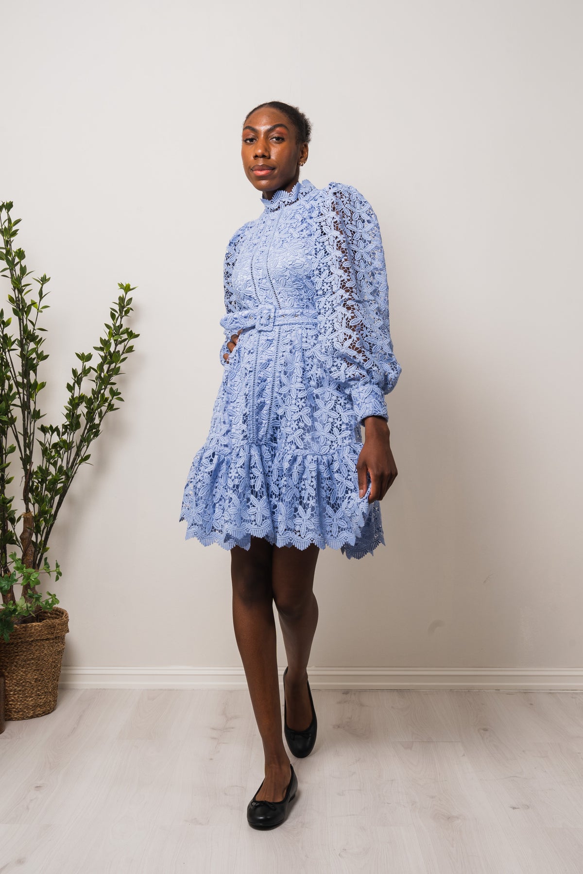 Silja LS Embroidery Short Dress Solid - Blue Heron