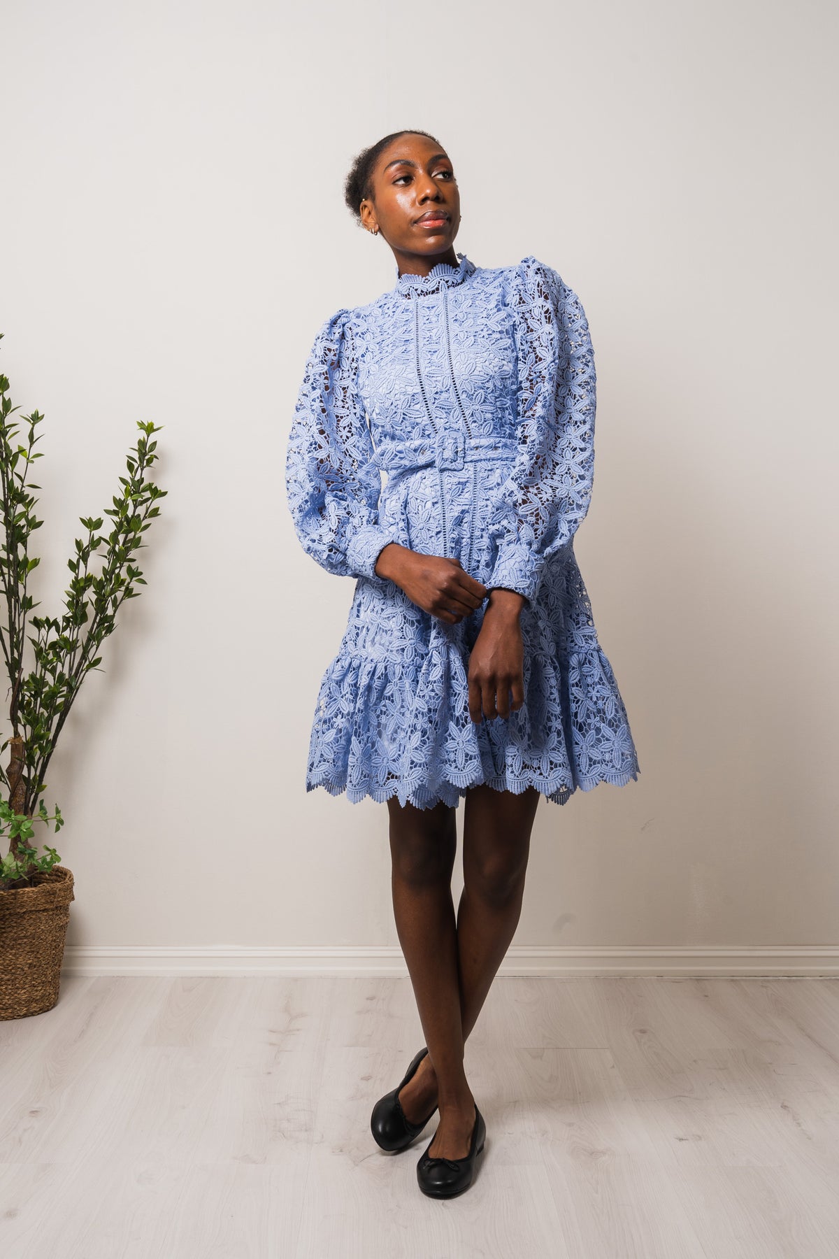 Silja LS Embroidery Short Dress Solid - Blue Heron