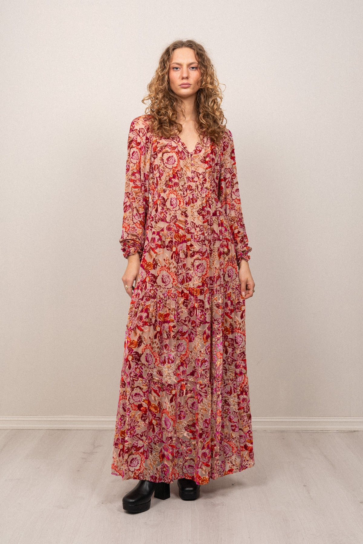 Lina Velvet Burnout Long Dress - Pink