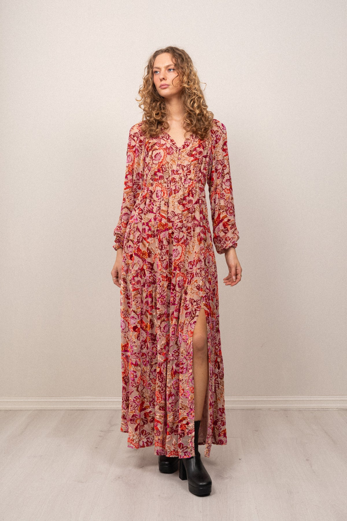 Lina Velvet Burnout Long Dress - Pink