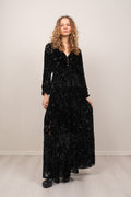 Lina Velvet Burnout Long Dress - Black