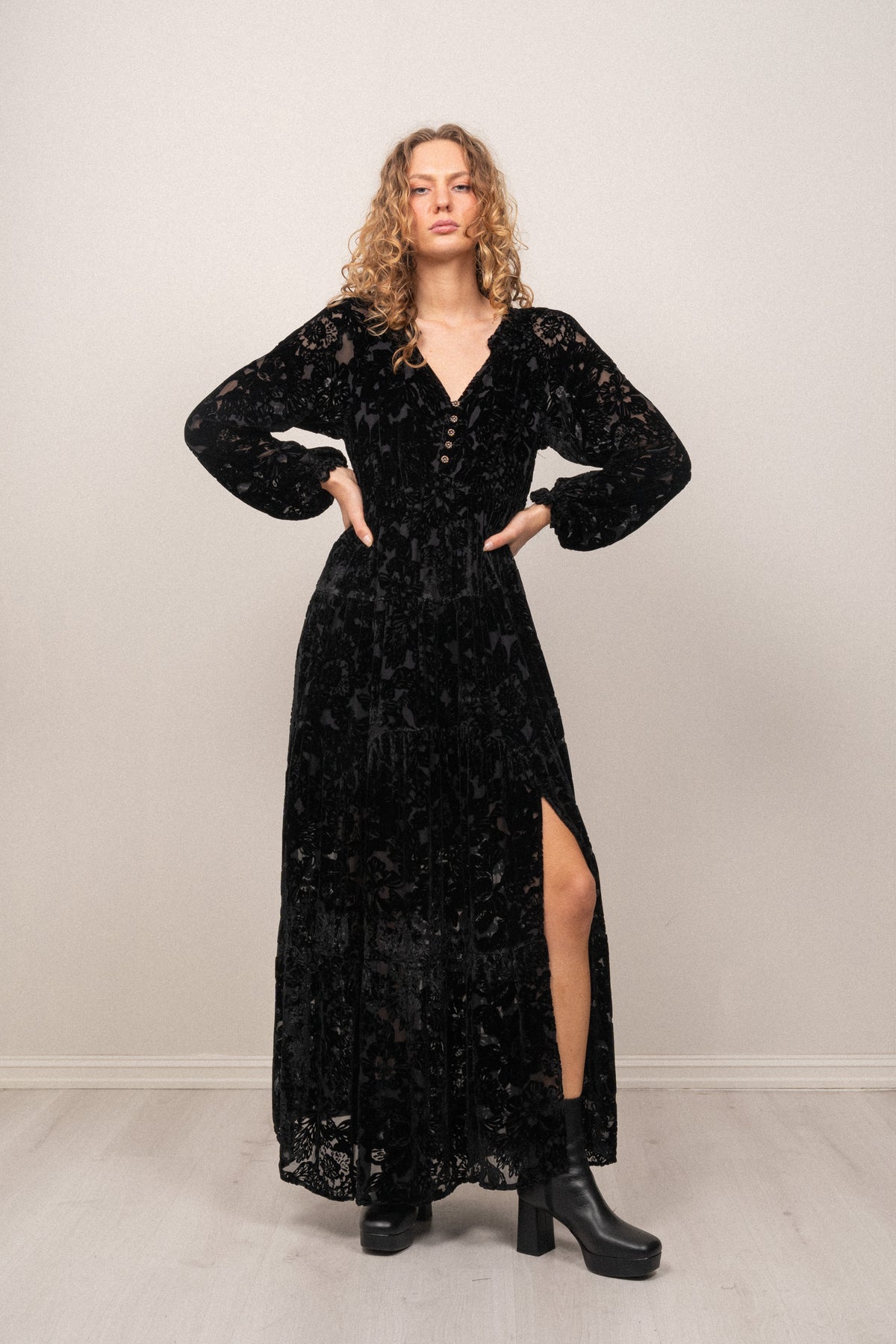 Lina Velvet Burnout Long Dress - Black