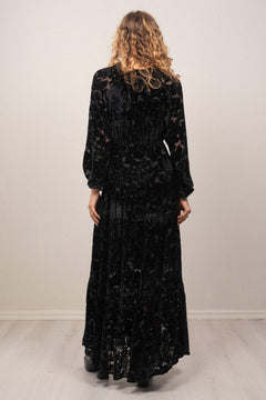Lina Velvet Burnout Long Dress - Black