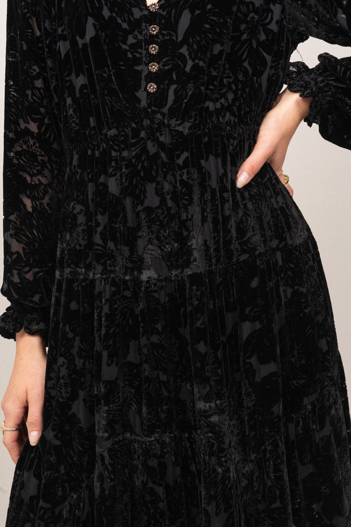Lina Velvet Burnout Long Dress - Black