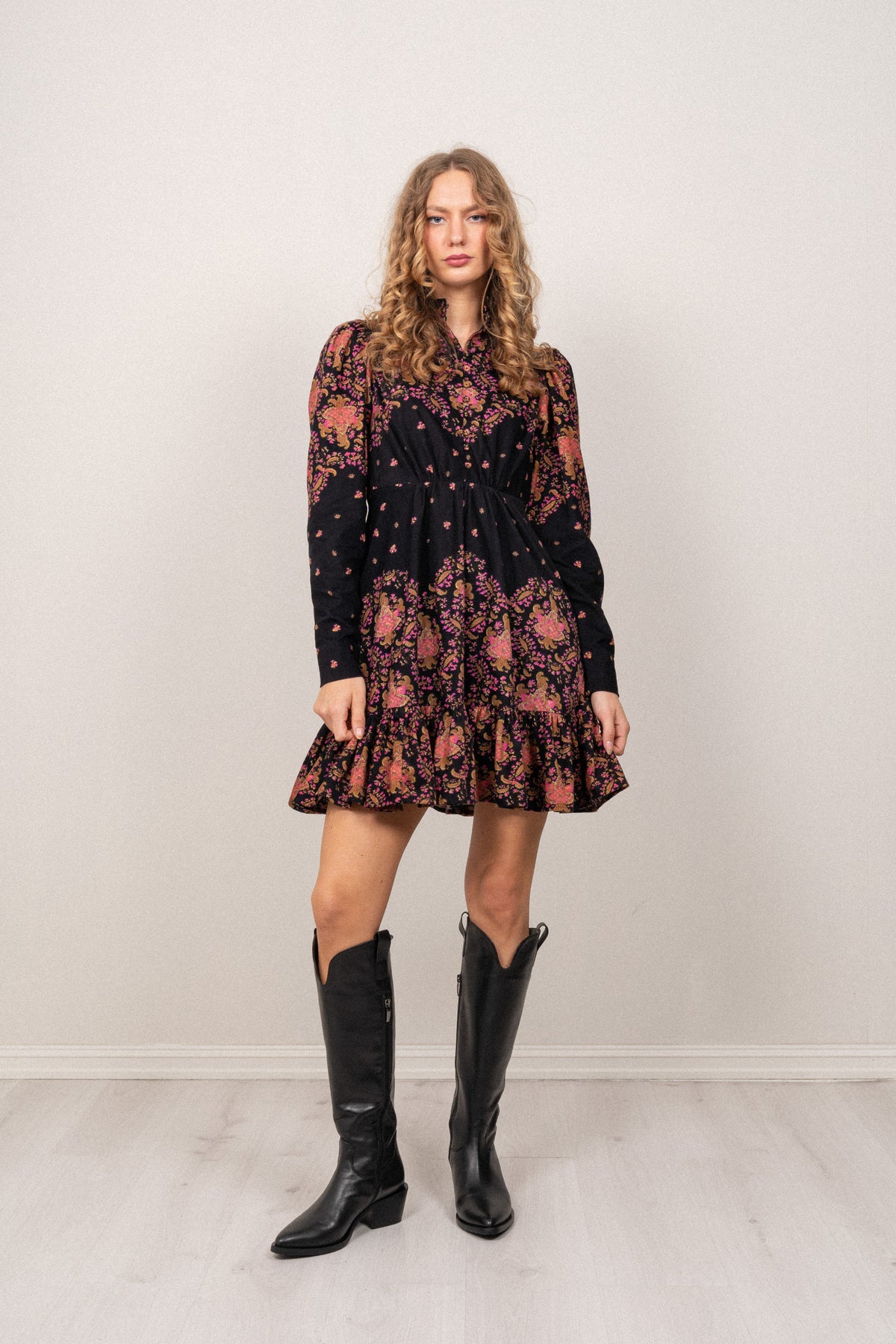 Baby Cord Mini Dress* - Black Paisley