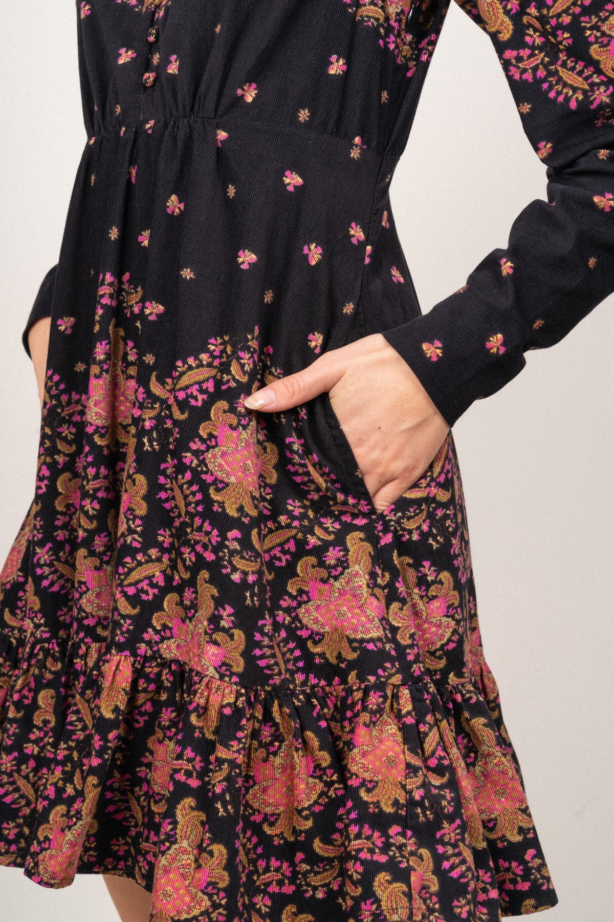 Baby Cord Mini Dress* - Black Paisley