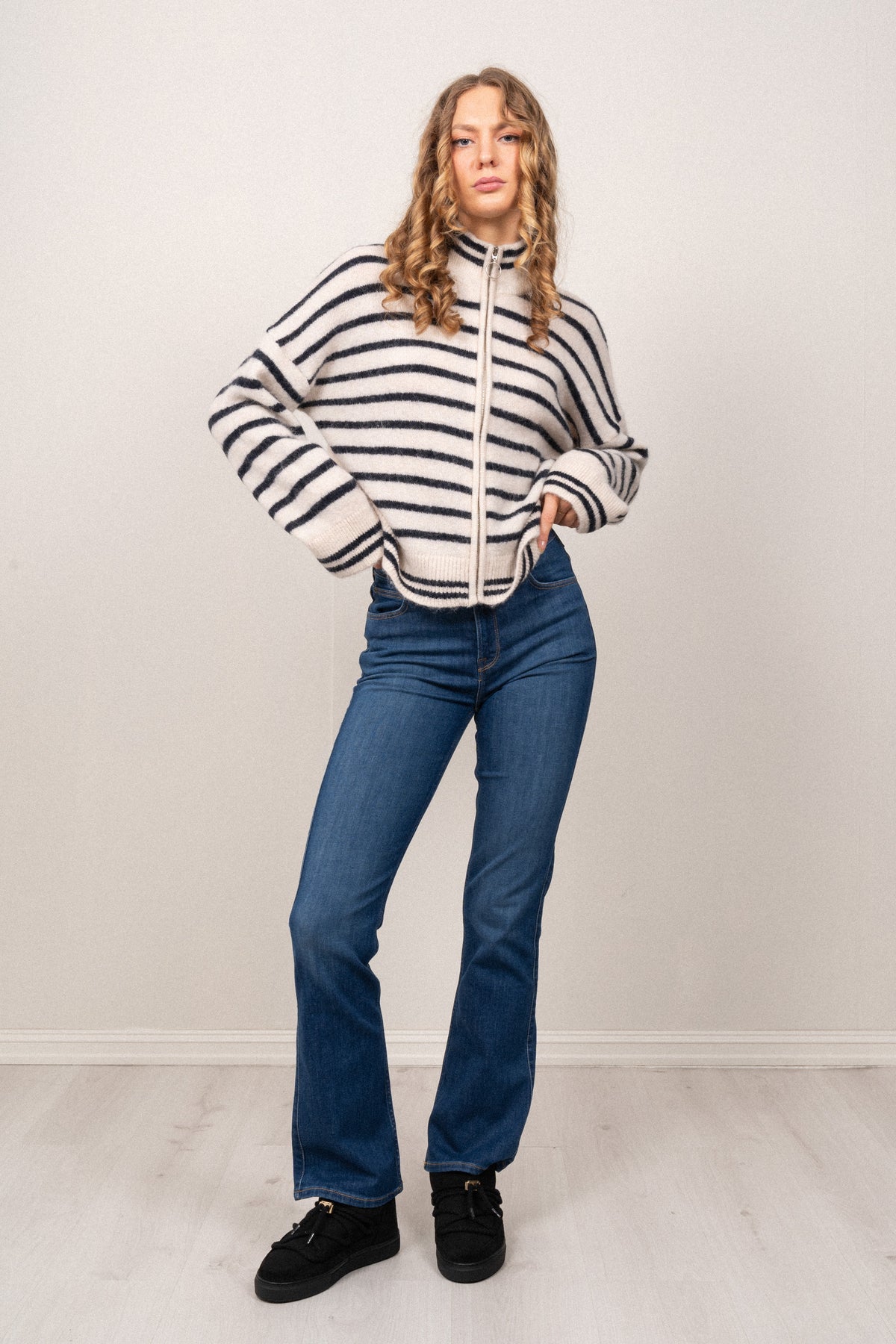 Sia Ras Stripe LS Knit Cardigan EX - Birch/Dark Sapphire
