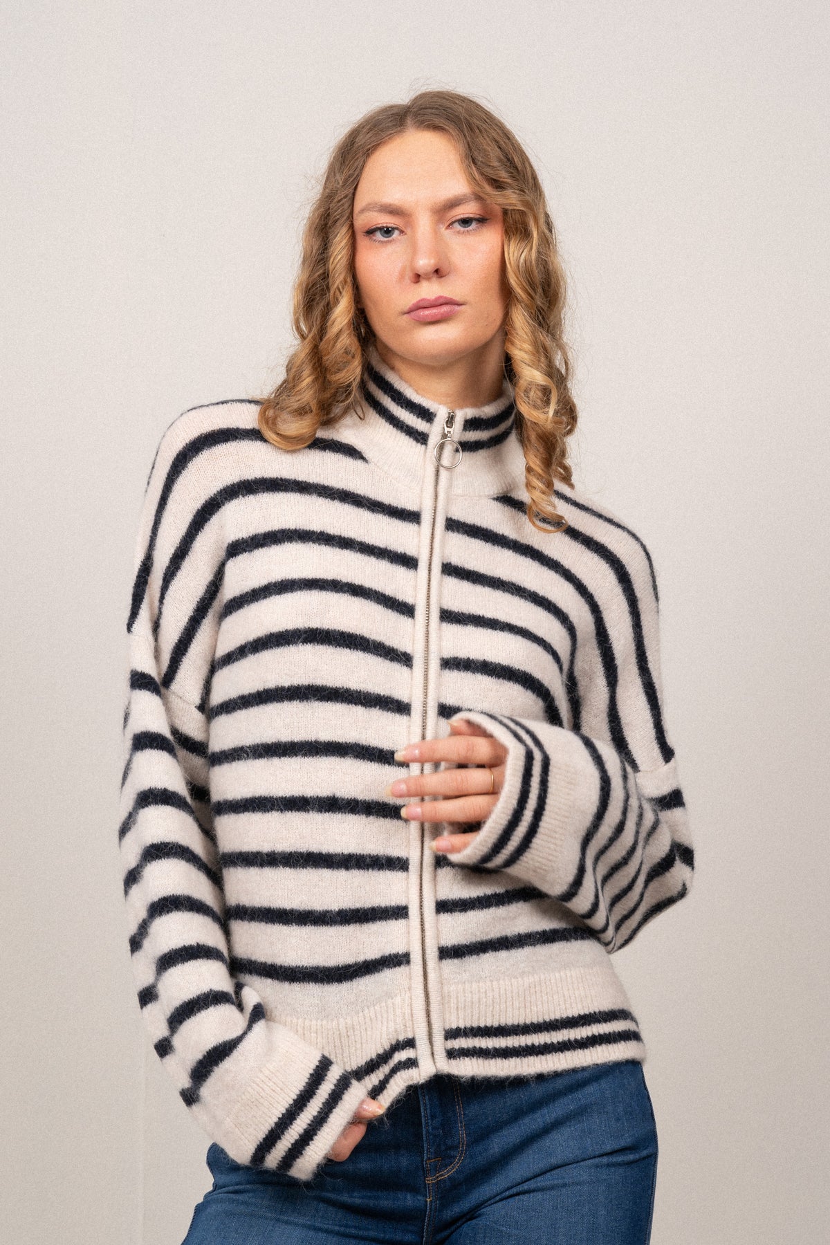 Sia Ras Stripe LS Knit Cardigan EX - Birch/Dark Sapphire