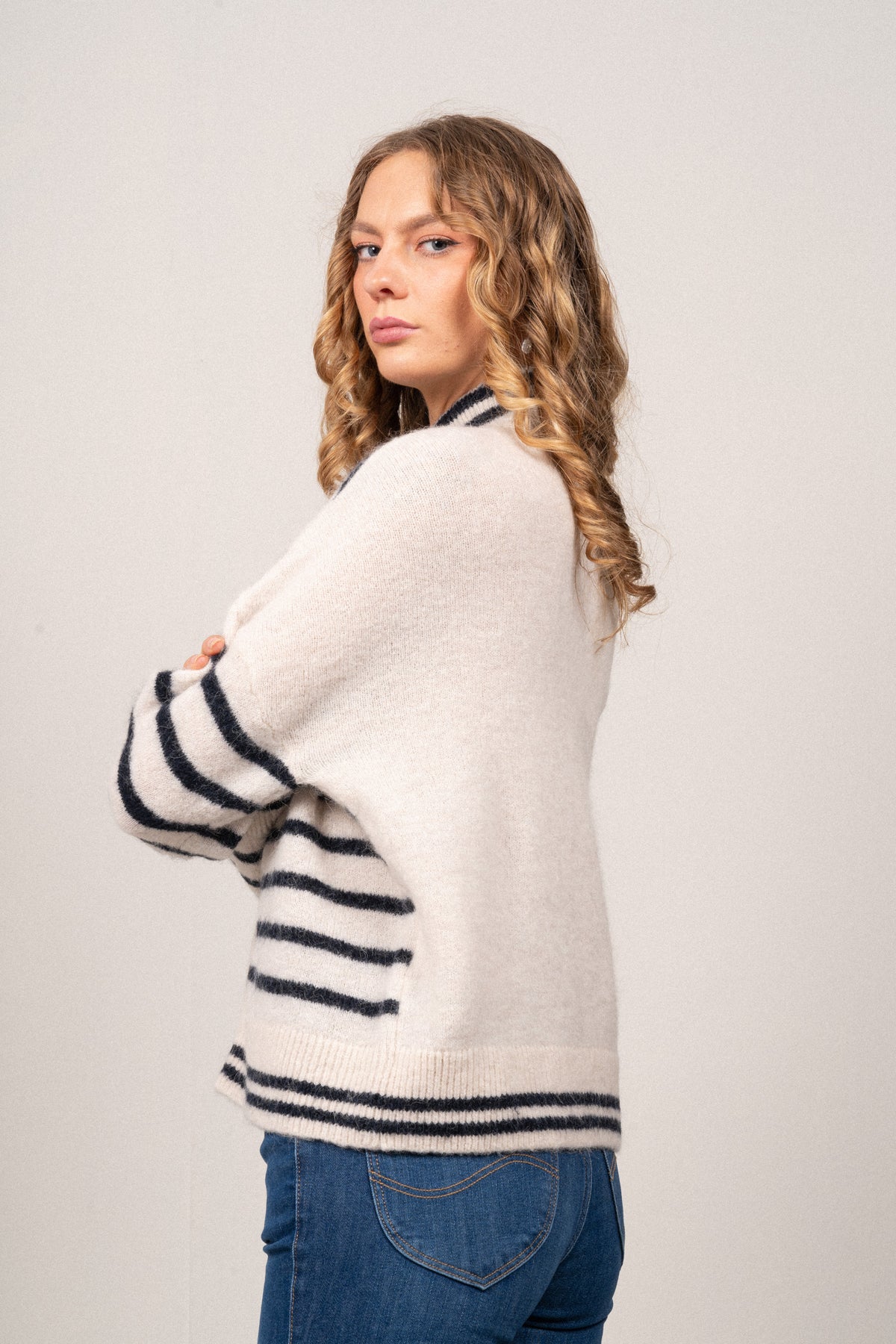 Sia Ras Stripe LS Knit Cardigan EX - Birch/Dark Sapphire