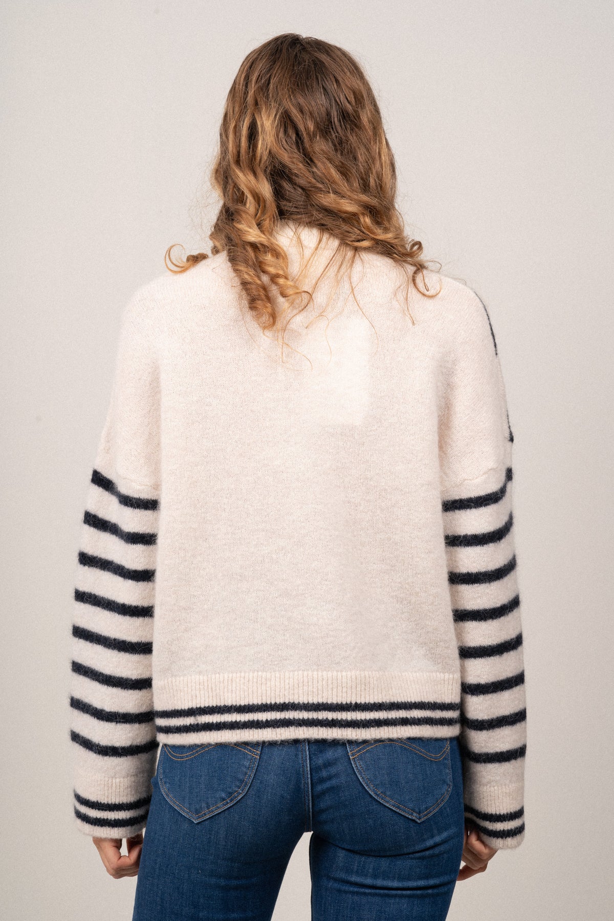 Sia Ras Stripe LS Knit Cardigan EX - Birch/Dark Sapphire
