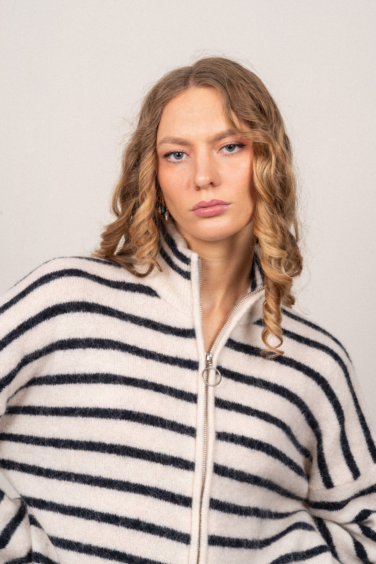 Sia Ras Stripe LS Knit Cardigan EX - Birch/Dark Sapphire