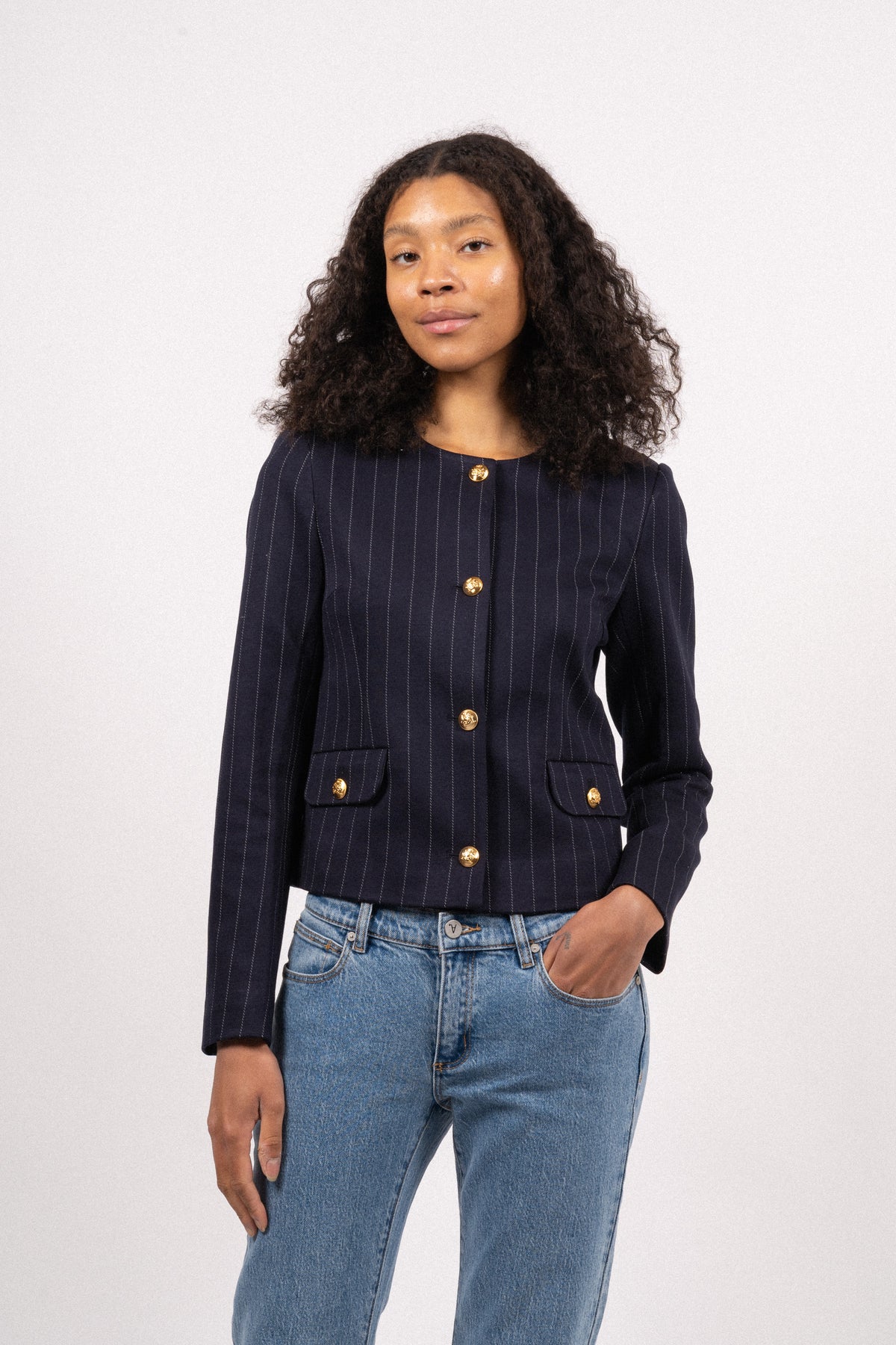 Zoe Pocket Jacket - Navy/White Pinstripe