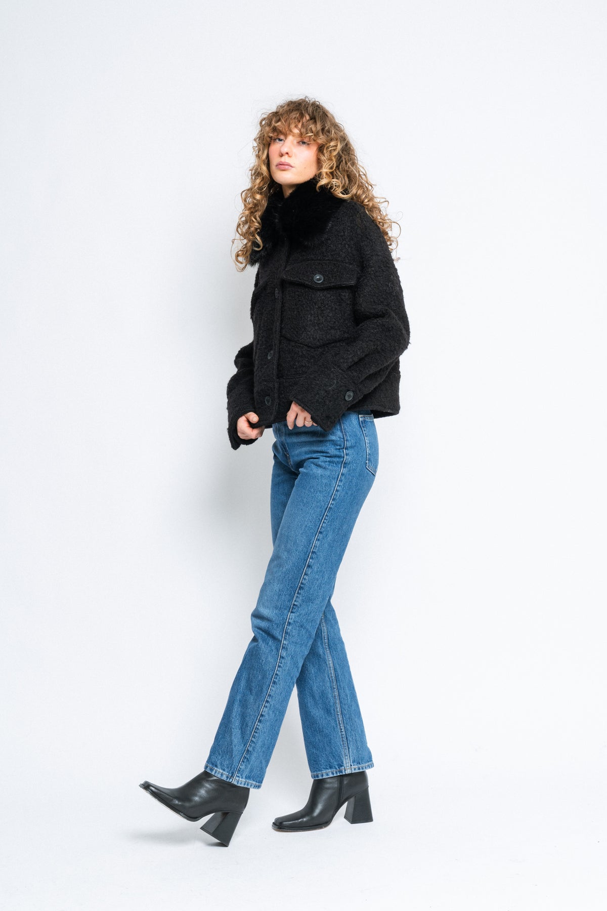 Charlie Jacket Wool Boucle Thick Faux Fur - Black