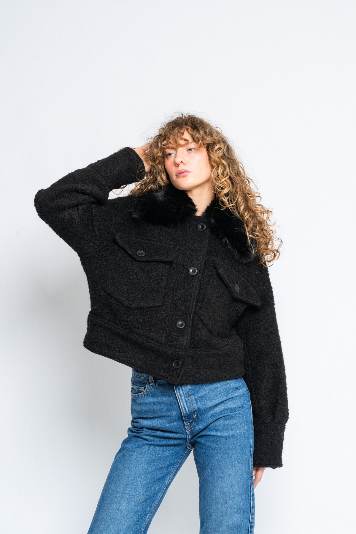 Charlie Jacket Wool Boucle Thick Faux Fur - Black