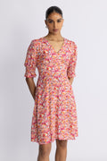 Koko Dress Short Open Back Short Sleeves - Red Flower