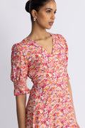 Koko Dress Short Open Back Short Sleeves - Red Flower