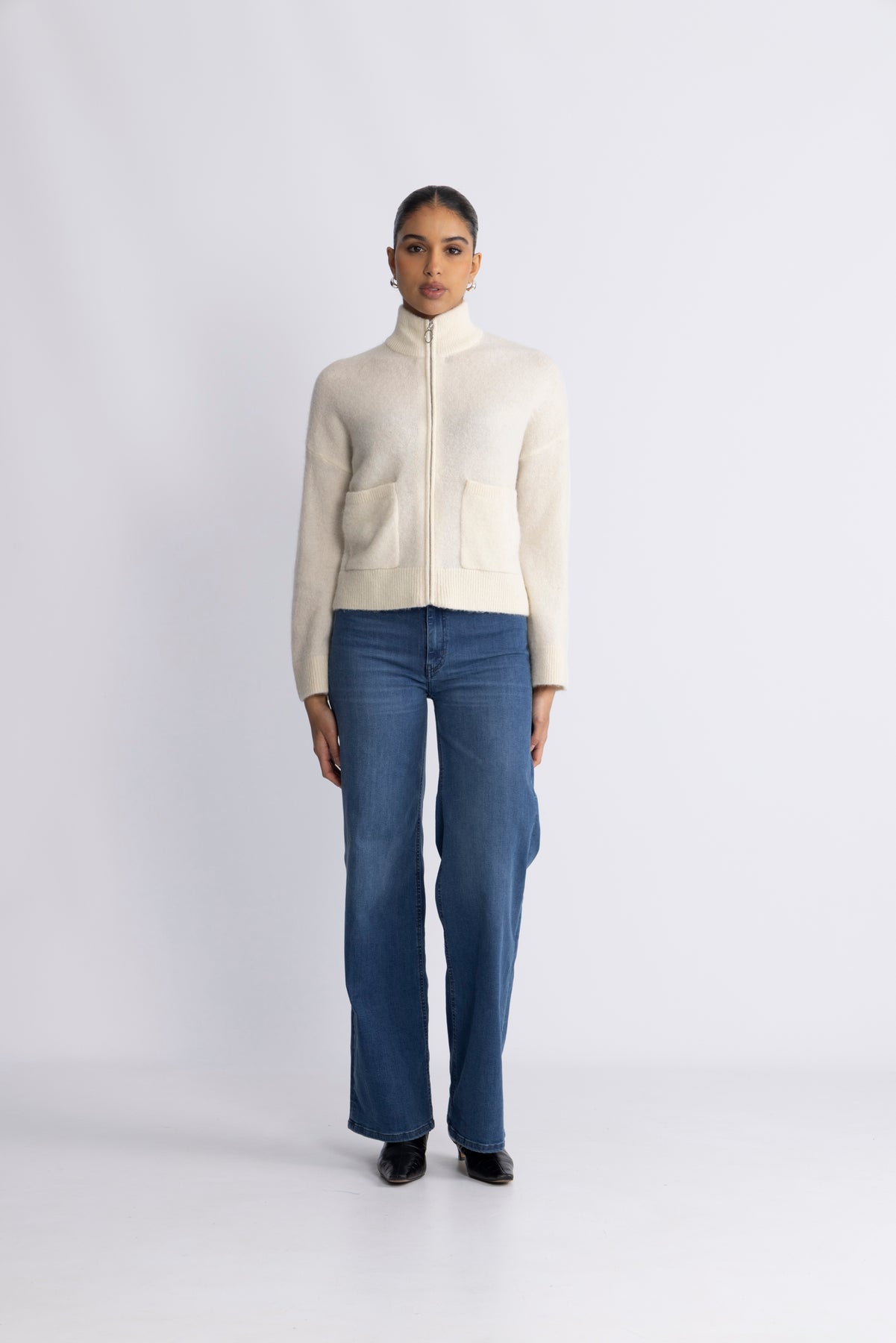 Selected Sia Ras Ls Knit Zipper Kofta - Snow White Melange