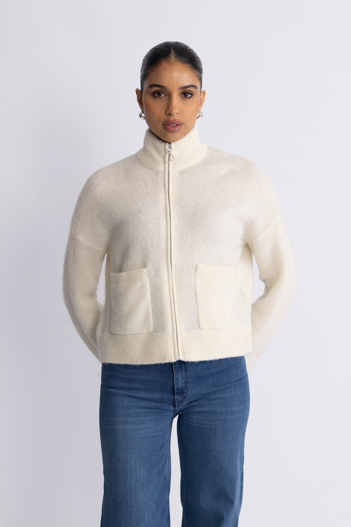 Selected Sia Ras Ls Knit Zipper Kofta - Snow White Melange