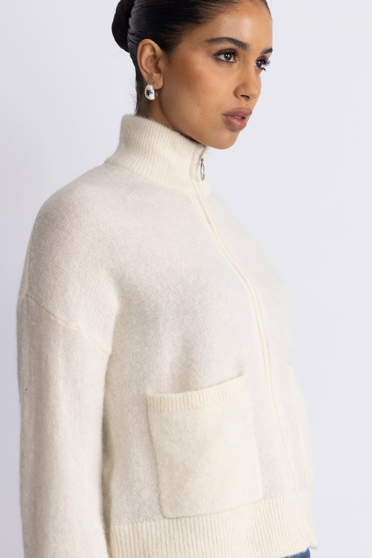 Selected Sia Ras Ls Knit Zipper Kofta - Snow White Melange