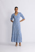 Koko Dress Long Open Back Short Sleeves - Sky Blue Flower