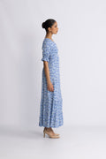 Koko Dress Long Open Back Short Sleeves - Sky Blue Flower