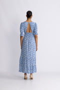 Koko Dress Long Open Back Short Sleeves - Sky Blue Flower