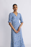 Koko Dress Long Open Back Short Sleeves - Sky Blue Flower