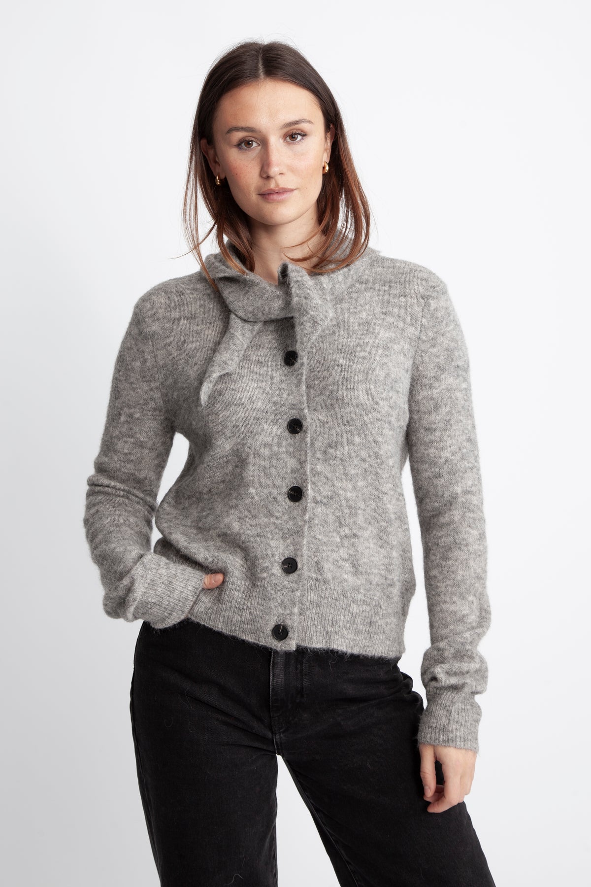Yassala Ls Tie Neck Knit Cardigan - Medium Grey Melange