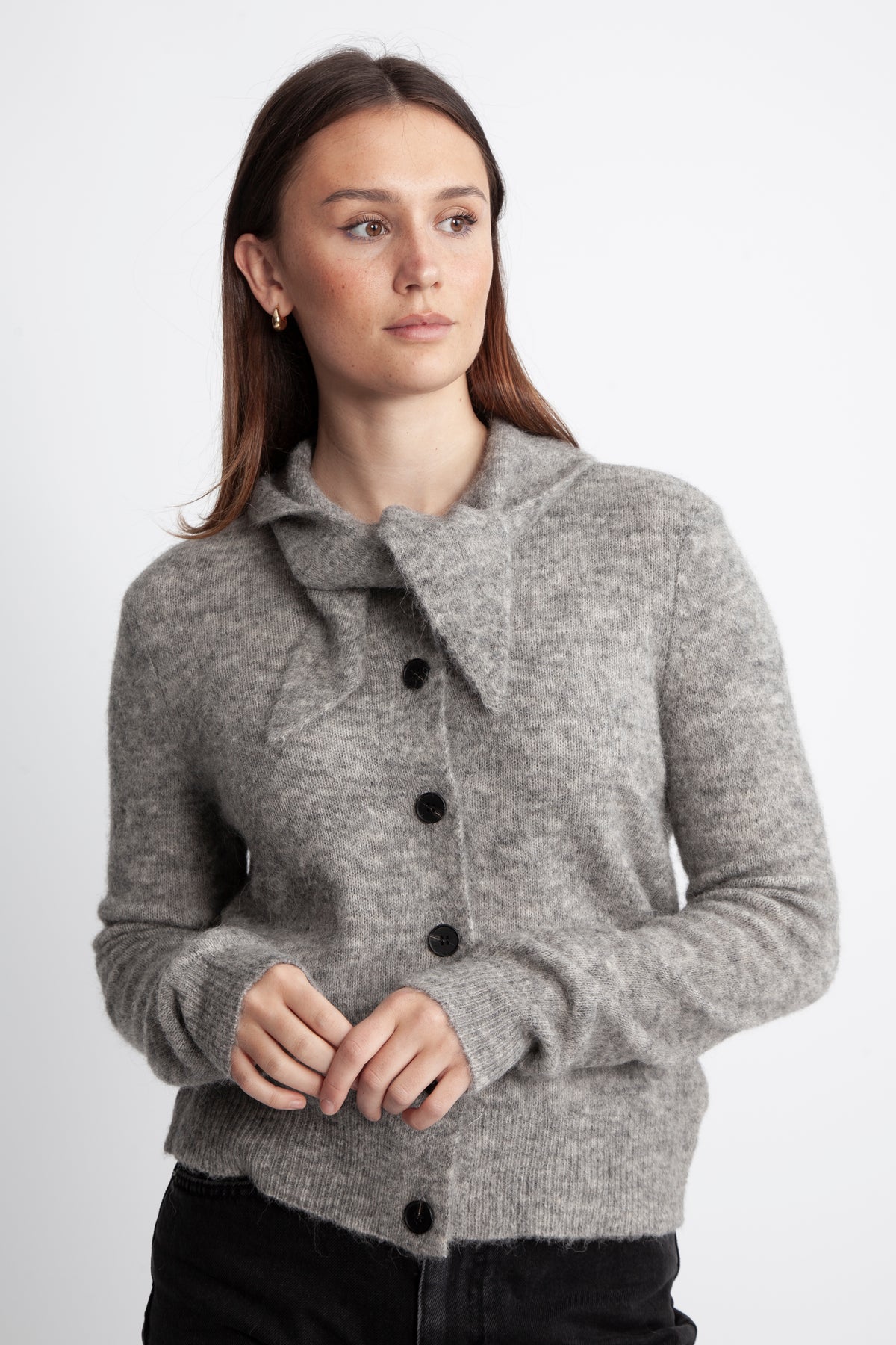 Yassala Ls Tie Neck Knit Cardigan - Medium Grey Melange