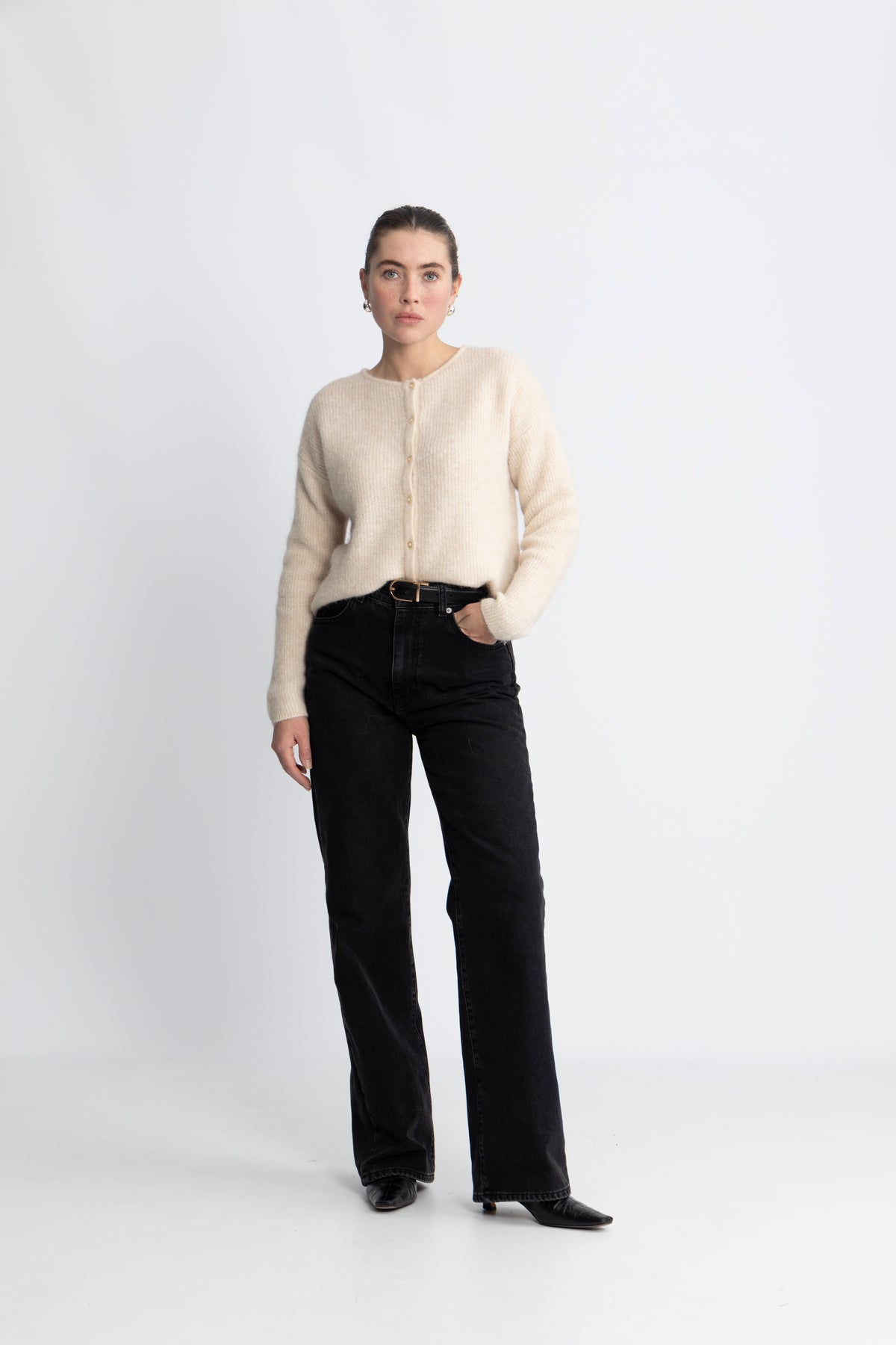 Sia Ras Ls Knit O-Neck Kofta - Birch Melange