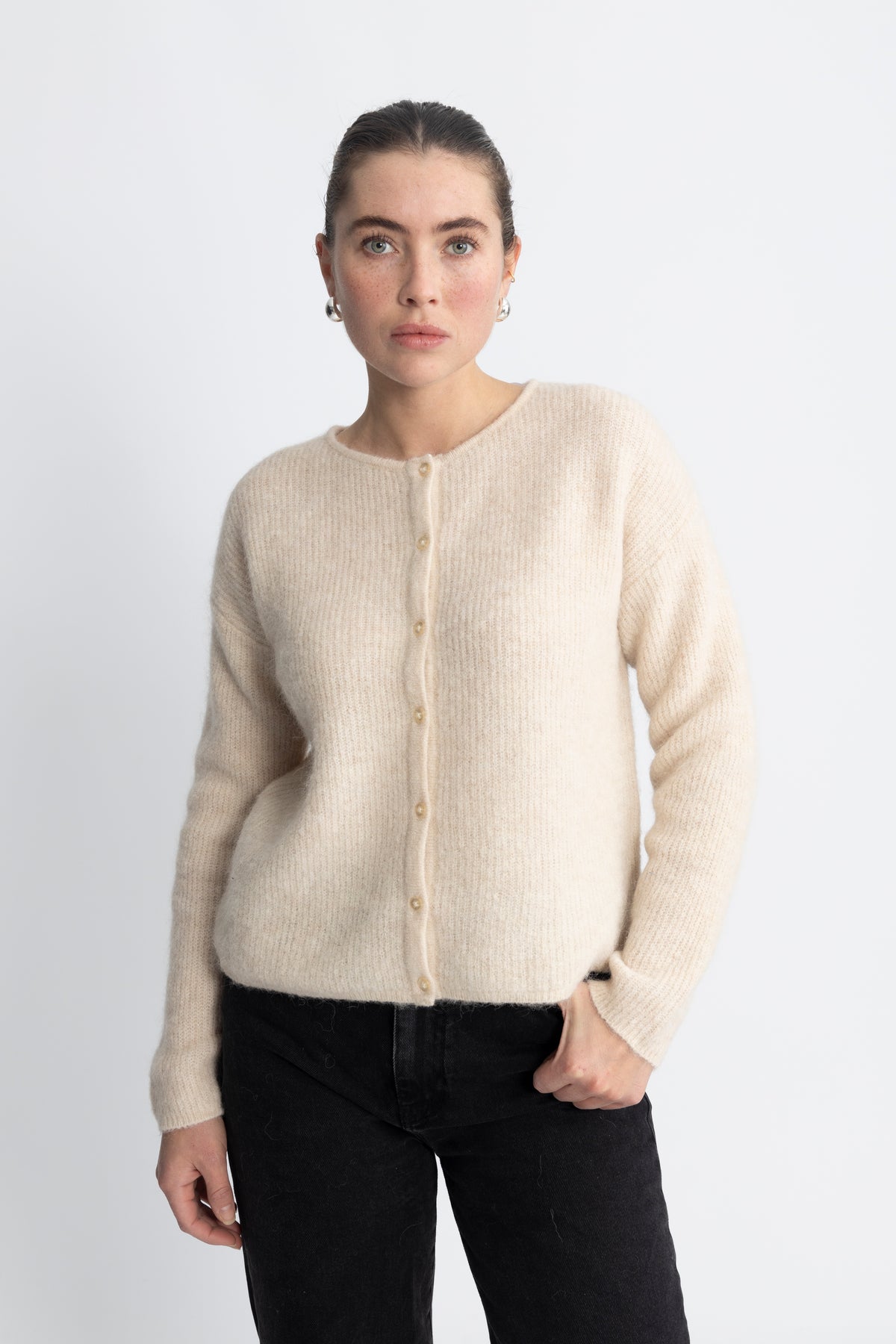 Sia Ras Ls Knit O-Neck Kofta - Birch Melange