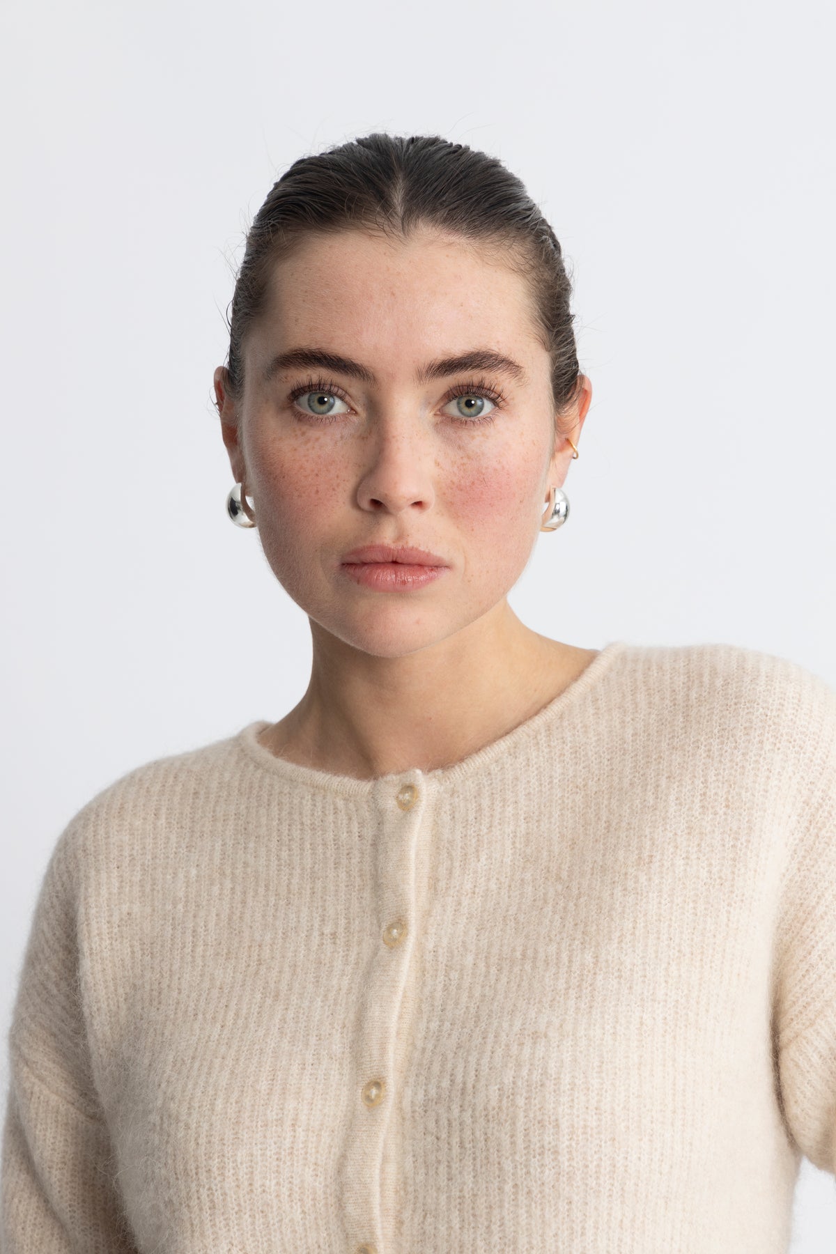 Sia Ras Ls Knit O-Neck Kofta - Birch Melange