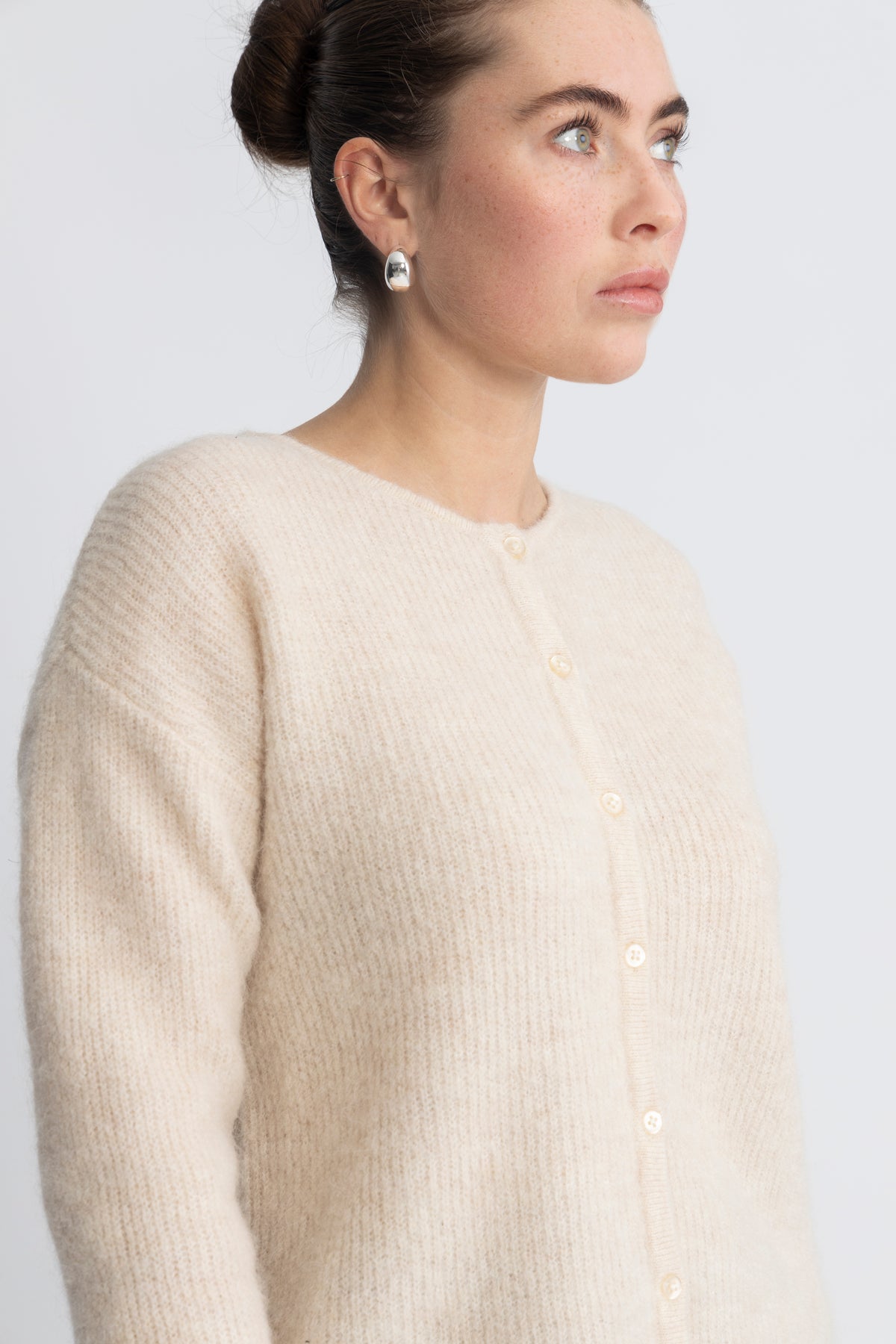 Sia Ras Ls Knit O-Neck Kofta - Birch Melange