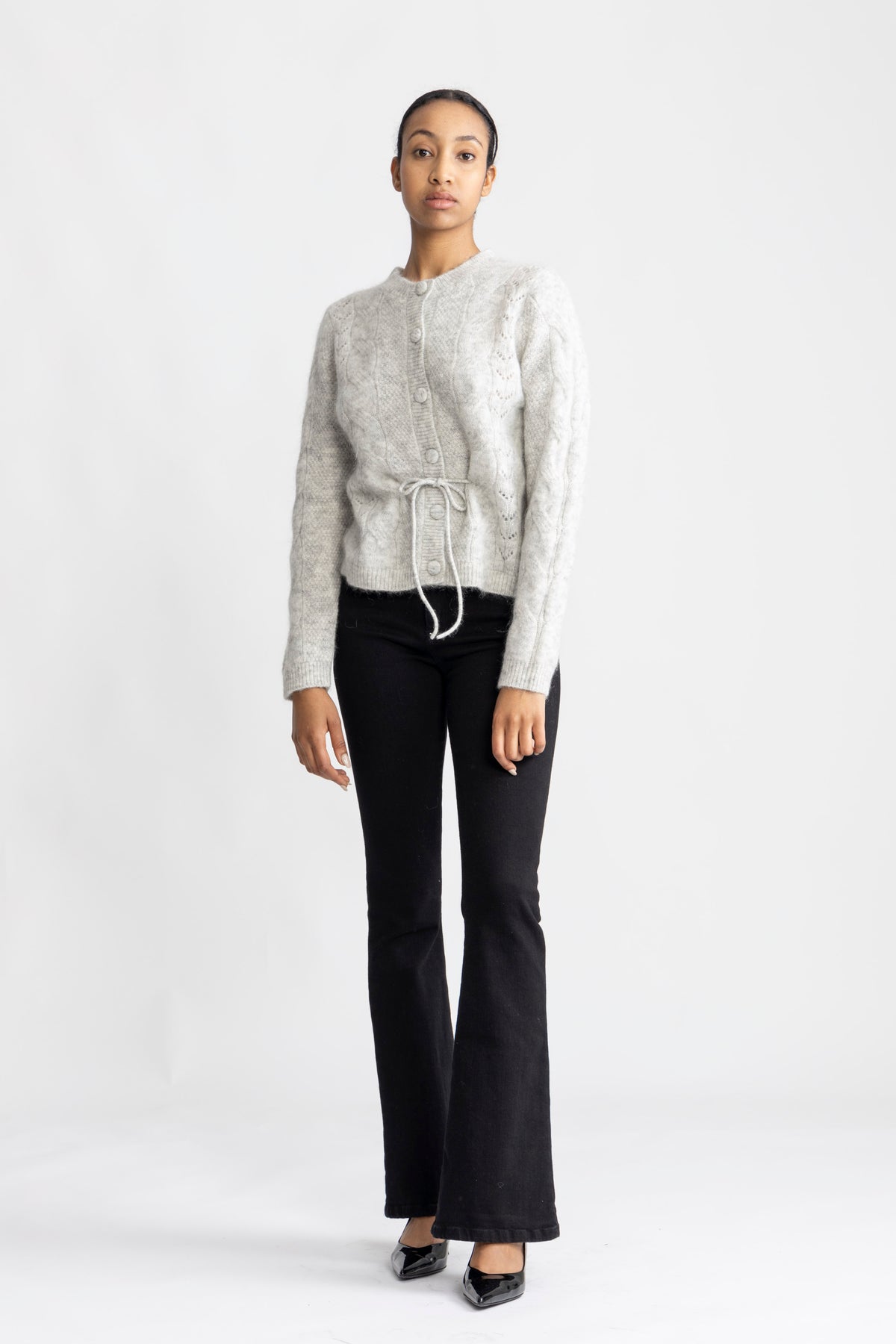 Vera Ls Knit Belt Cardigan - Ljusgrå melange