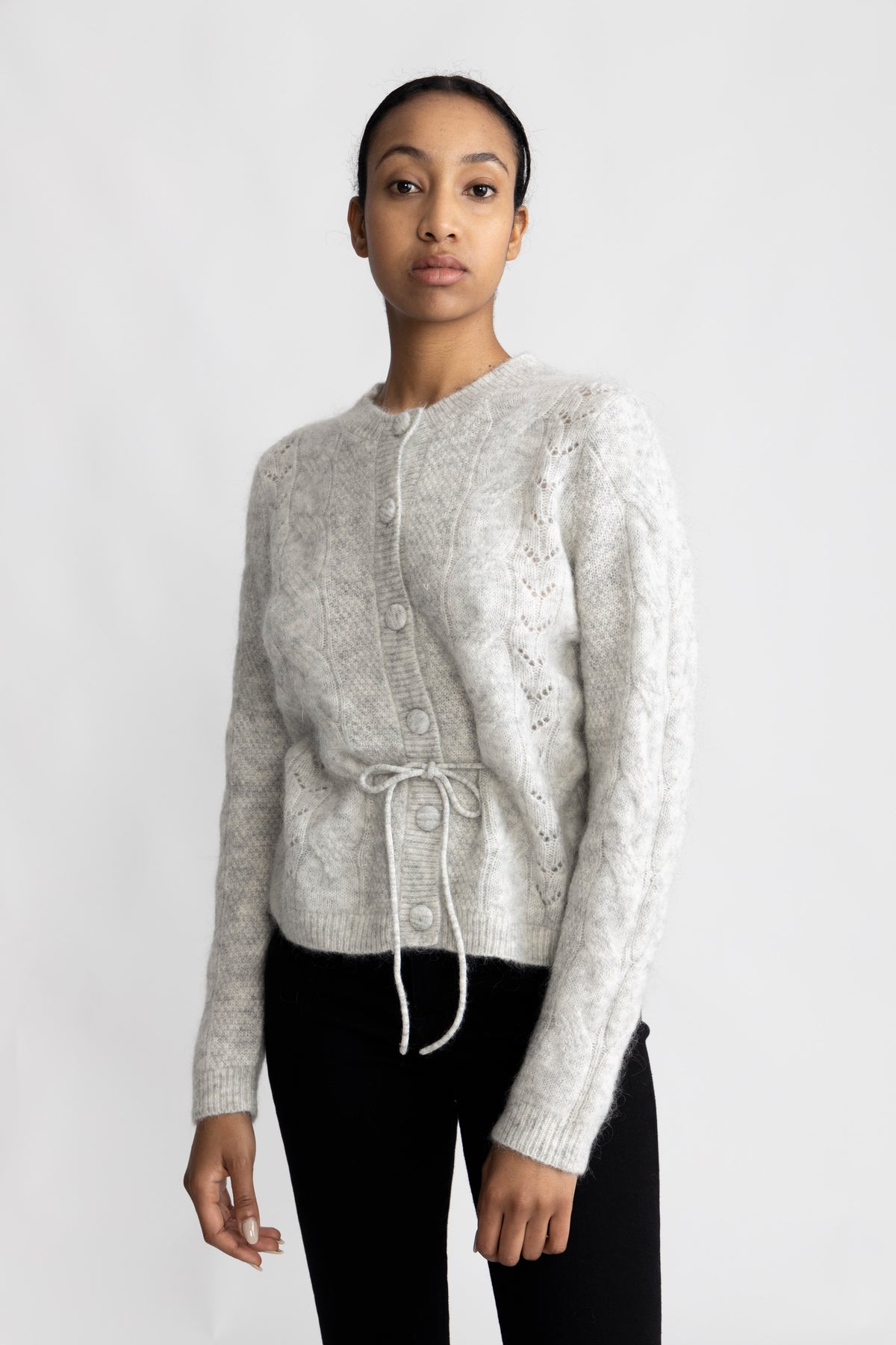 Vera Ls Knit Belt Cardigan - Ljusgrå melange