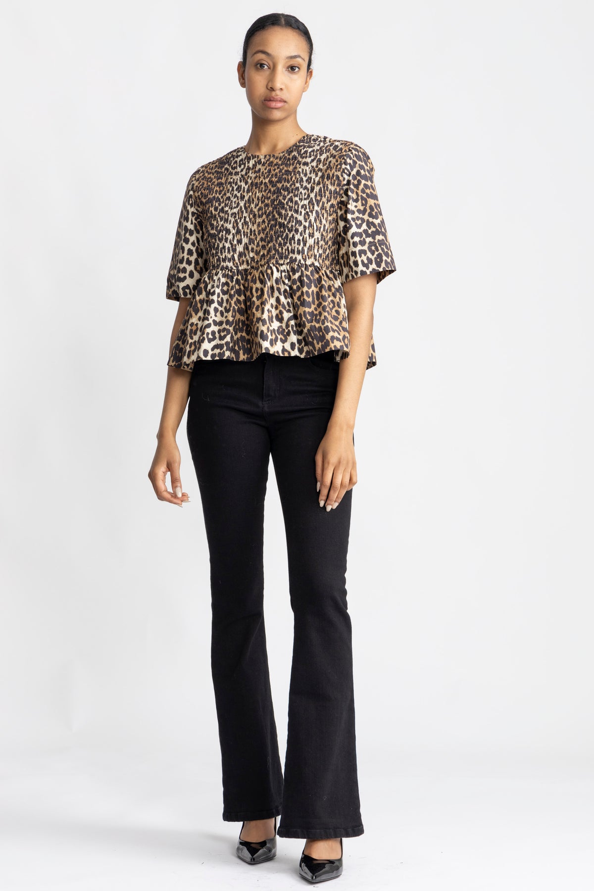 Printed Cotton Open Back Smock Blouse - Leopard
