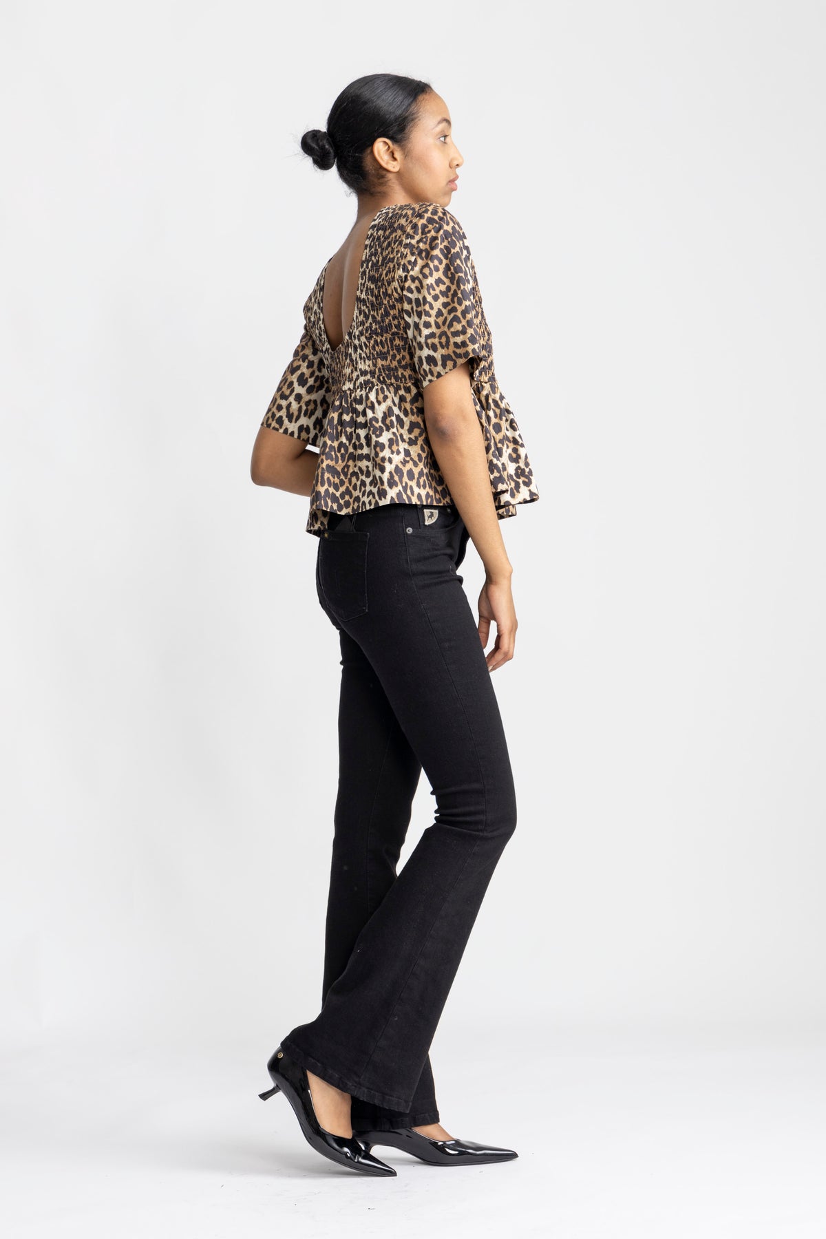 Printed Cotton Open Back Smock Blouse - Leopard