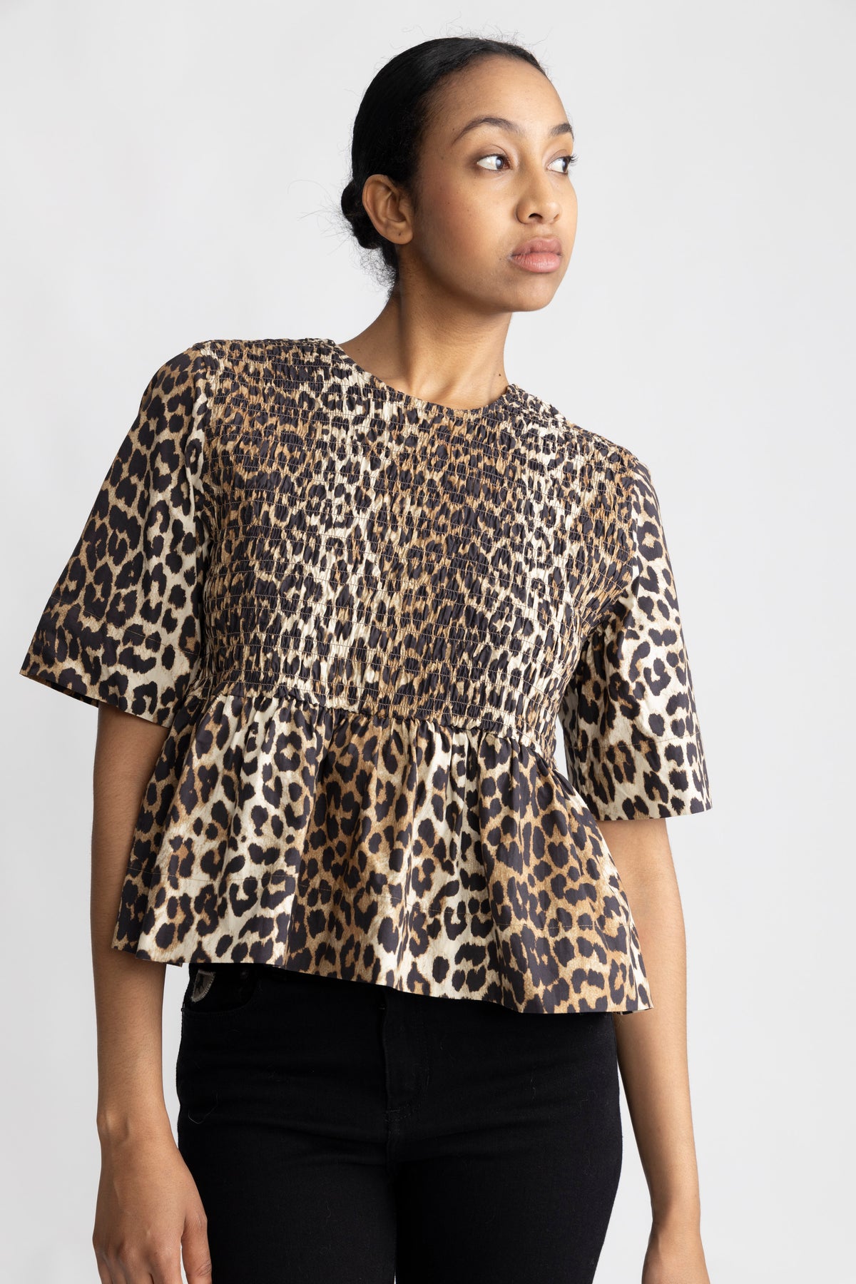 Printed Cotton Open Back Smock Blouse - Leopard