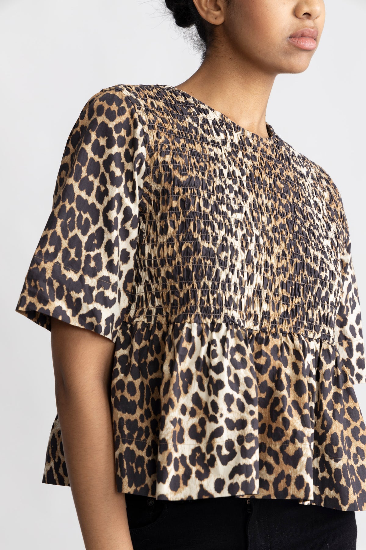 Printed Cotton Open Back Smock Blouse - Leopard