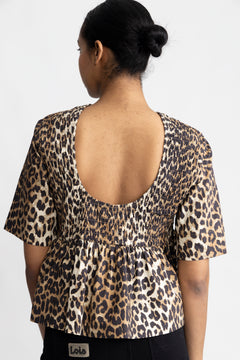 Printed Cotton Open Back Smock Blouse - Leopard