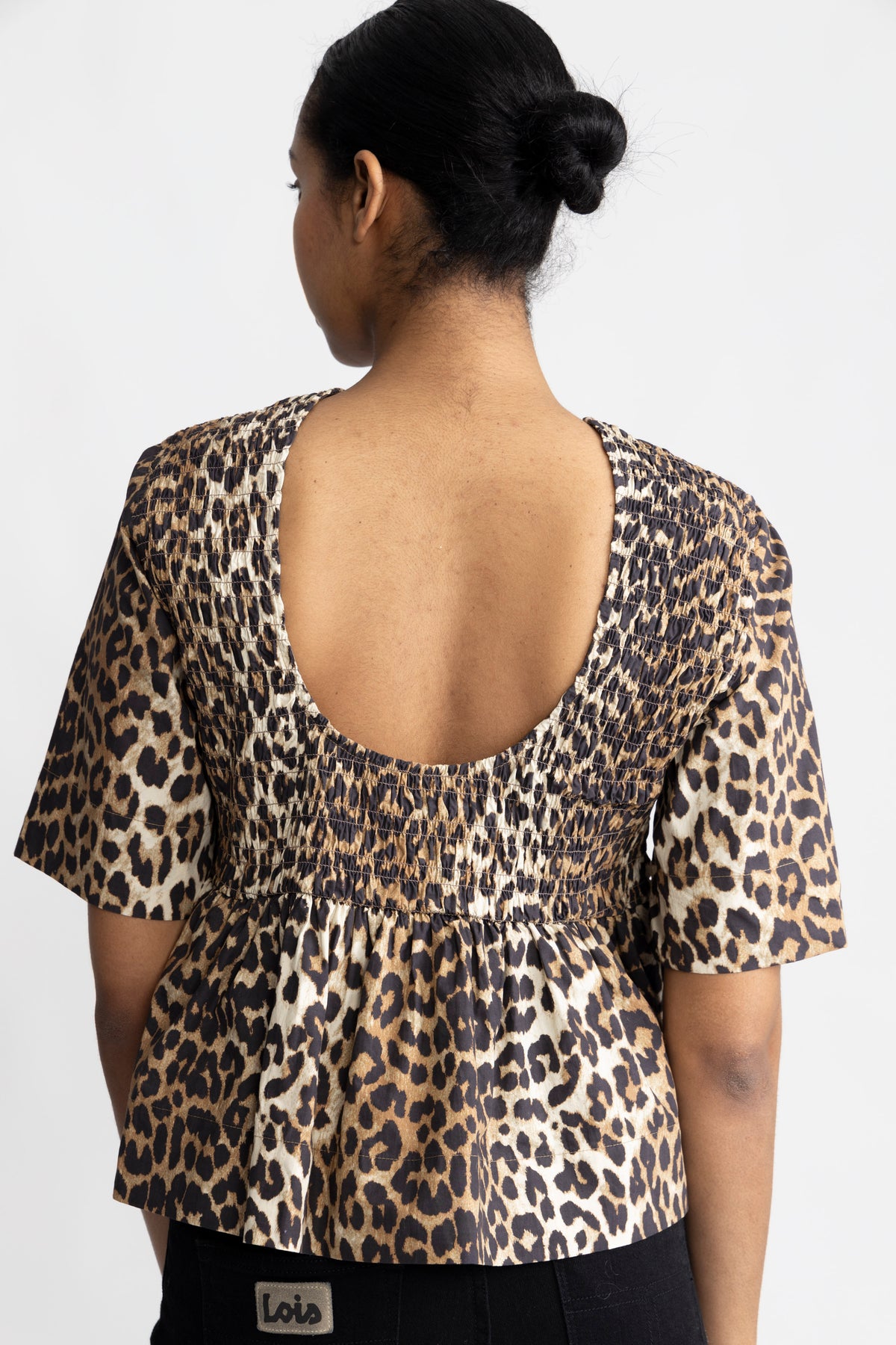 Printed Cotton Open Back Smock Blouse - Leopard